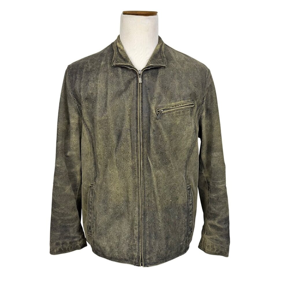 Comstock Mens Distressed Gray Leather Jacket With Zipper Closures & Pockets Sz M